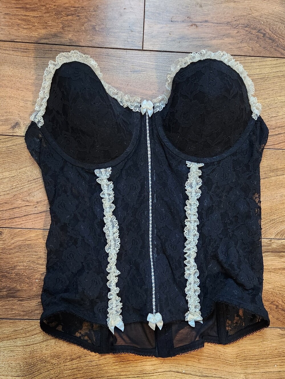 Black Lace Bustier with Cream Trim - Women Intimates, Size 38C
